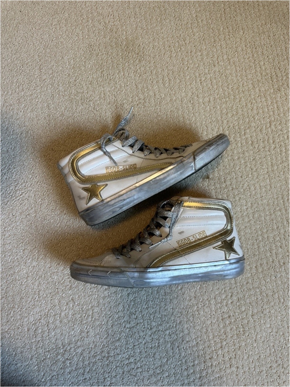 Golden Goose White and Gold High-Top Sneakers with Glitter Laces Size 38 - Picture 8 of 8